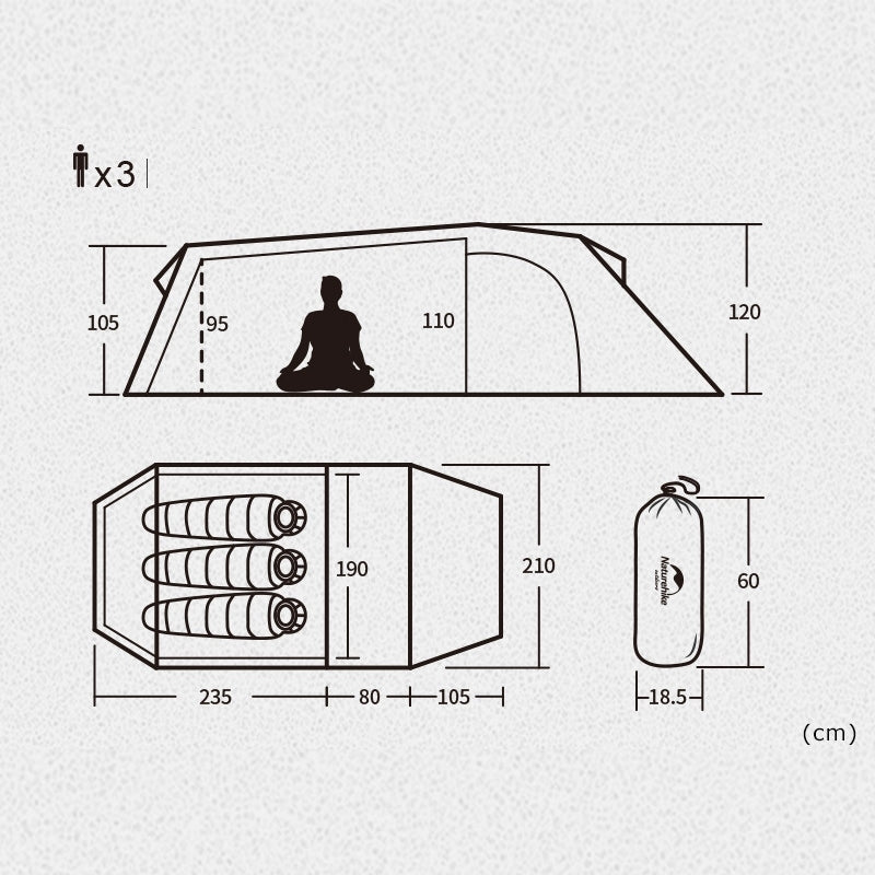 Dimension de la tente tunnel Opalus 3 de Naturehike